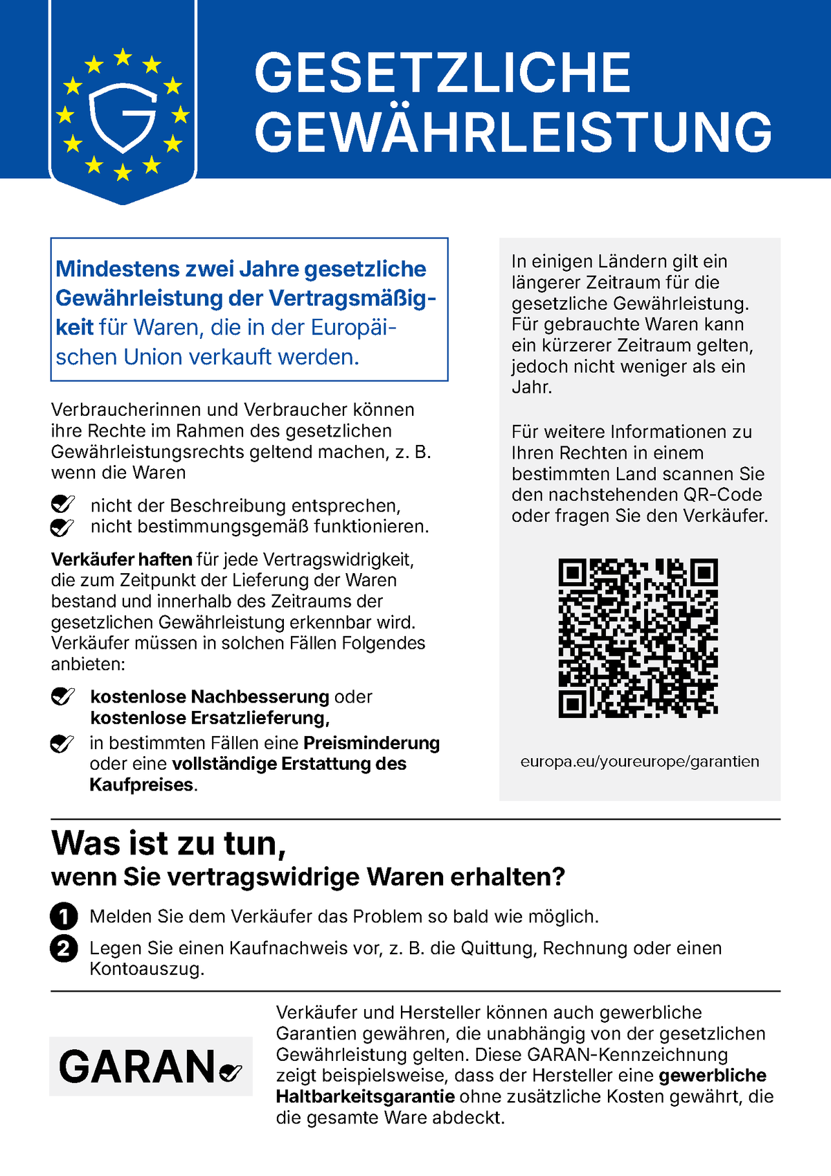 EU-Hinweis: Gesetzliche Gewährleistung, mindestens zwei Jahre für Waren, die in der EU verkauft werden
